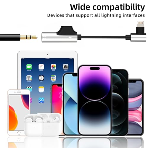 for iPhone Aux Adapter Lightning to 3.5mm Headphone Jack Charging Splitter (2in1) 14 13 12 Pro Max Lighting Wired Earphone Cable Dongle Charger Cord Adaptor Audio Power Car Connector for Ipad
