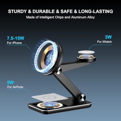 Wireless Charger 3 in 1,Foldable Wireless Charging Station for Apple MagSafe Charger,Aluminum Portable Magnetic Travel Charger Stand for iPhone,Watch,Aipods (with 20W Adapter & Case) - color: Black