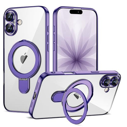 Plating Clear Phone Case for iPhone 17 with Stand 6.3", Purple | Plating Glossy Case for iPhone 17 Phone Case,Magnetic Ring Stand,Compatible with Mag-Safe,Full Camera Protector,TPU