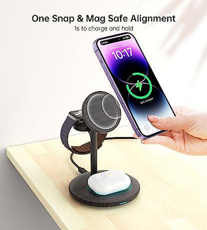 3 in 1 Magnetic Wireless Charging Station for Apple Devices,15W for Magsafe - color: Black Woodgrain