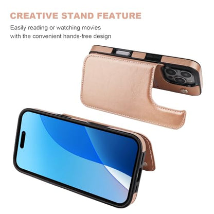 ONETOP for iPhone 16 Pro Wallet Case with Credit Card Holder,Rosegold | Kickstand,ID/Cash Holder,Case Wallet with Card Slots,Double Magnetic Clasp,Durable PU Leather Shockproof Cover for Women Men - color: Rose Gold