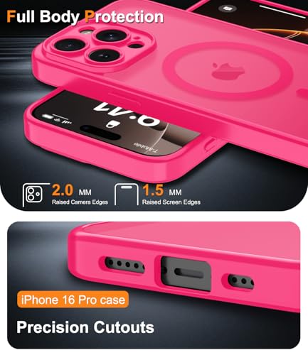 Magnetic Case for iPhone 16 Pro Case with Screen Protector+Wrist Strap | Compatible with MagSafe,Full Camera Protection,Slim Translucent Matte Phone Cover,Hot Pink - color: Hot Pink