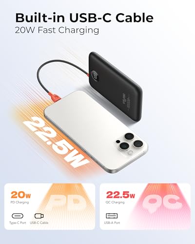 VIYISI Ultra Slim Portable Charger Small 10000mAh with Built-in USB C Cable - color: Black