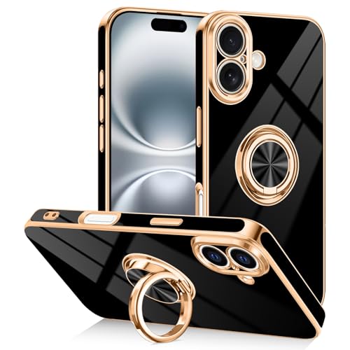 Designed for iPhone 16 Case with Ring Stand Slim Black | 360° Rotatable Finger Holder, Support Magnetic Car Mount, Soft TPU Electroplated, Full Lens Protection, Shockproof Phone Case - color: Black, size: 6.1'' iPhone 16
