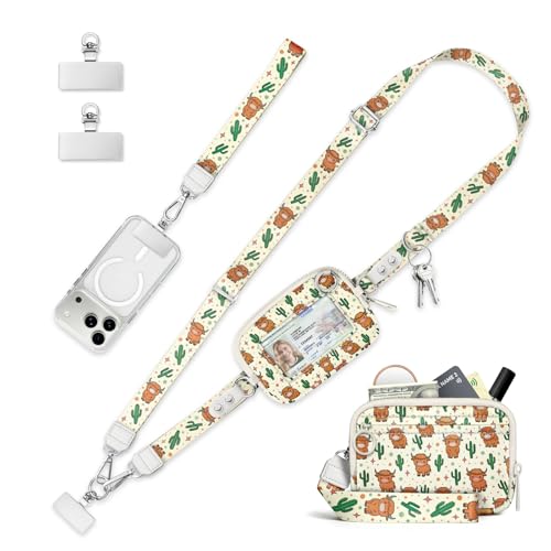 Clip and Go Strap for Phone with Wallet Crossbody Lanyard Cow - color: Highland Cow