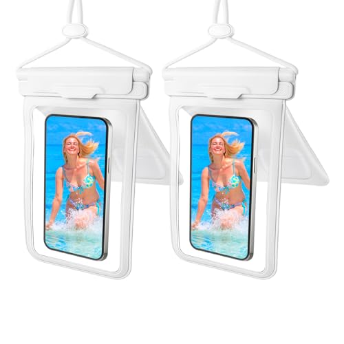 Wokyo 2Pack Waterproof Phone Pouch Case with Twin Storage Areas, Advanced IPX8 Certification Cell Phone Dry Bag Transparent Window Fits Up to 7.5" for Vacation Snorkeling Tubing Adventures - color: White + White