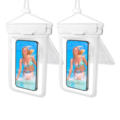 Wokyo 2Pack Waterproof Phone Pouch Case with Twin Storage Areas, Advanced IPX8 Certification Cell Phone Dry Bag Transparent Window Fits Up to 7.5" for Vacation Snorkeling Tubing Adventures - color: White + White