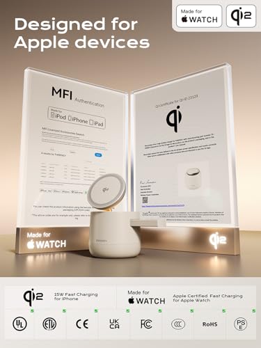 THREEKEY 4 in 1 Qi2 Magnetic Wireless Charging Station, 15W Fast Charger with Made for Apple Watch Charging Module, for iPhone 18–12 Series & AirPods, 65W Adapter Included - color: Sand