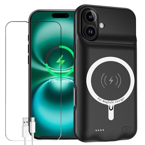 Battery Case for iPhone 16, Enhanced 10000mAh Portable Protective Wireless Charging Case Support Carplay Compatible with iPhone 16 (6.1 inch) Rechargeable Extended Battery Charger (Black) - size: iPhone 16