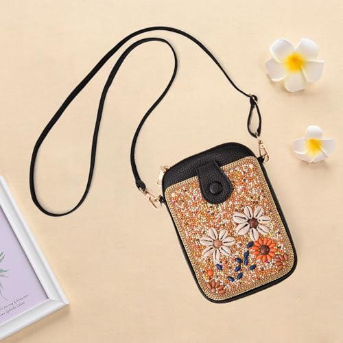 Women's Small Crossbody Cell Phone Bag, Boho Colorful Beaded Purse Wallet with Handmade Cute Patterns - color: Shell
