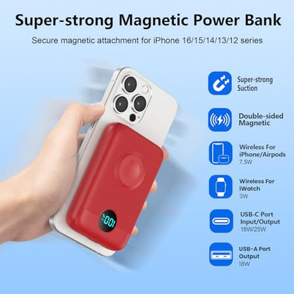 Magnetic Portable Charger for iPhone,10800mAh 4-in-1 Power Bank with iWatch Charger,25W PD Fast Charging Battery Pack for Magsafe,iPhone 17/16/15/14/13/12 Series,Apple Watch,Travel Essential,Red - color: Red