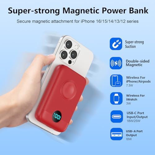 Magnetic Portable Charger for iPhone,10800mAh 4-in-1 Power Bank with iWatch Charger,25W PD Fast Charging Battery Pack for Magsafe,iPhone 17/16/15/14/13/12 Series,Apple Watch,Travel Essential,Red - color: Red