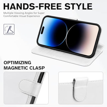 TUCCH Wallet Case for iPhone 14 Pro (6.1") 2022, Flip Stand, White | RFID Blocking, 4 Card Holders, Kickstand, PU Leather, Shockproof TPU Shell, Magnetic Closure, Protective Folio Cover - color: White