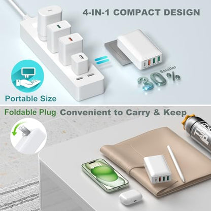 Flat USB C Charger, OKRAY 40W 4-Port Fast Charging Block Foldable Wall Plug - color: White - 3Pack