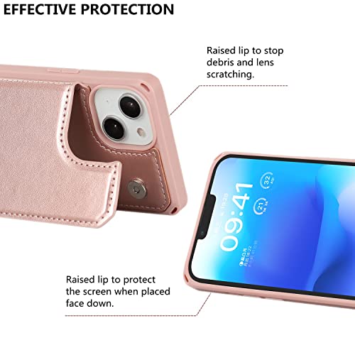 iCoverCase Compatible with iPhone 14 Wallet Phone Case with Card Holder for Women, RFID Blocking Embossed PU Leather Wrist Strap Case 6.1 Inch (Macaron Rose Gold) - color: P-Rose Gold