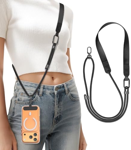 Phone Lanyard Crossbody with Phone Tabs, Adjustable Cellphone Lanyard with Skin-Friendly Neckband and Metal Carabiner - color: Black