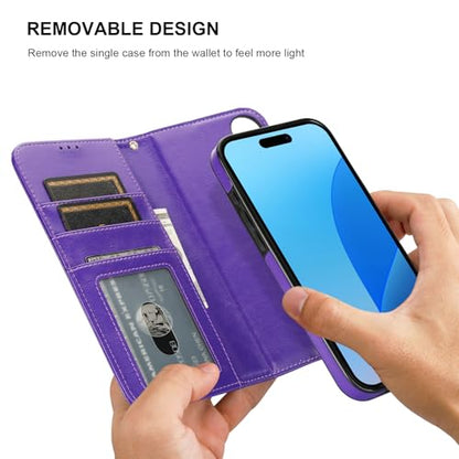 Bocasal Detachable Wallet Case Card Holder for iPhone 16 Plus, Purple | RFID Blocking Kickstand Card Slots Holder PU Leather Magnetic Shockproof Wrist Strap Removable Flip Protective Cover 6.7 inch - color: Purple