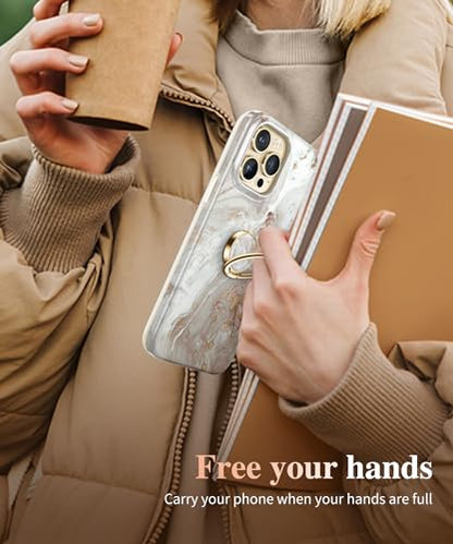GVIEWIN Marble Cell Phone Ring Holder, Metal Kickstand Grip 360° Rotation - color: B-Pearlescent/Gold