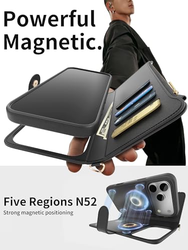 for iPhone 17 Pro Max 2-in-1 Magnetic Crossbody Wallet Case + Wrist Strap | Wireless Charging After Wallet Removal, Detachable Crossbody/Wrist Straps, Landscape Stand, Card Holder and Zipper Pocket - color: Black, size: iPhone 17 Pro Max