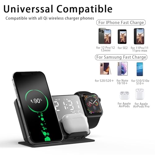 All-in-one Wireless Charger,Clock,Alarm,Calendar,Temperature Display,15W Fast Charging.Wirelessly Charge Phone,Watch,Earbuds simultaneously,Compatible with Qi-Enabled Devices,W669 Black. - color: Multi Functional Alarm Clock W669 Black