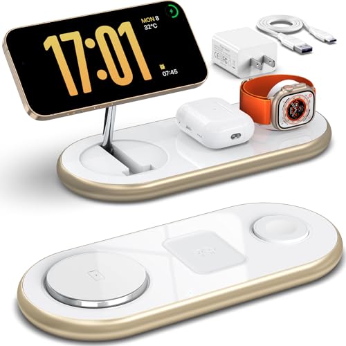 Magnetic Charging Station, 3 in 1 Faster Mag-Safe Wireless Charger Stand, Wireless Charging Pad for Apple Devices, iPhone 17/16/15/14/13/12 Series, iWatch Series, AirPods (Golden) - color: Golden