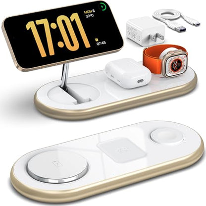 Magnetic Charging Station, 3 in 1 Faster Mag-Safe Wireless Charger Stand, Wireless Charging Pad for Apple Devices, iPhone 17/16/15/14/13/12 Series, iWatch Series, AirPods (Golden) - color: Golden