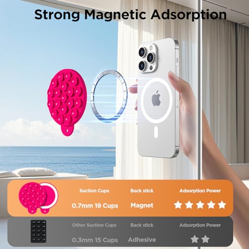 Magnetic Suction Cup Phone Mount, Compatible with MagSafe, Silicone Octo Cup Buddy Sticky Grip Holder for iPhone and Android, Removable Hands-Free Phone Stand Selfie/Video for TikTok, Neon Pink - color: Neon Pink