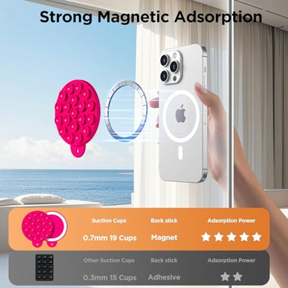 Magnetic Suction Cup Phone Mount, Compatible with MagSafe, Silicone Octo Cup Buddy Sticky Grip Holder for iPhone and Android, Removable Hands-Free Phone Stand Selfie/Video for TikTok, Neon Pink - color: Neon Pink