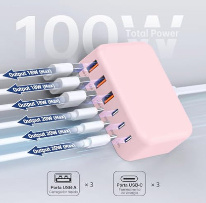 100W 6 in 1 USB Charger, 50% Smaller Charging Station for Multiple Devices - color: Pink