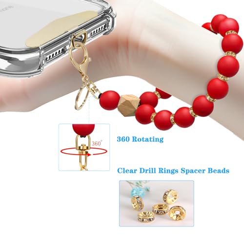 Silicone Beaded Phone Wrist Strap, Phone Bracelet Strap with Tether Tab Elastic Hands Free Wristlet Strap - color: Red