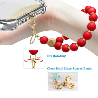 Silicone Beaded Phone Wrist Strap, Phone Bracelet Strap with Tether Tab Elastic Hands Free Wristlet Strap - color: Red