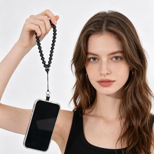 Agate Beaded Phone Wrist Strap for Women Men Stone Beads Charm Handmade Cellphone Chain Lanyard with Tether Tab - color: Black-2, size: 6mm Beads