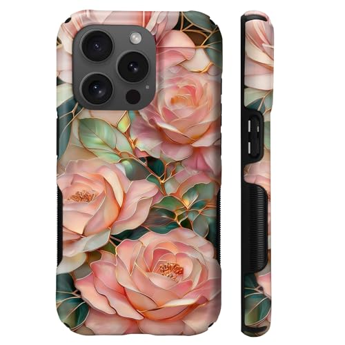 Case for iPhone 15 Pro Max | Anti-Slip Side Handle| Bold Protective Design | Compatible with MagSafe | Stained Glass Pink Flower | - color: Stained Glass Pink Flower, size: iPhone 15 Pro Max