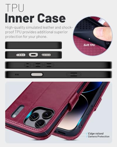 OCASE Compatible with iPhone 17 Pro Wallet Case, PU Leather Flip Folio Case with Card Holders RFID Blocking Kickstand [Shockproof TPU Inner Shell] Phone Cover 6.3 Inch 2025, Burgundy - color: Burgundy