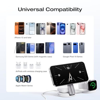 EF ECOFLOW Rapid Mag 3-in-1 Magnetic Wireless Charging Station, Qi2.2 25W Foldable MagSafe Charger Stand for iPhone 17/16/15, Apple Watch & AirPods, Travel-Ready, with 45W Adapter, White - color: White