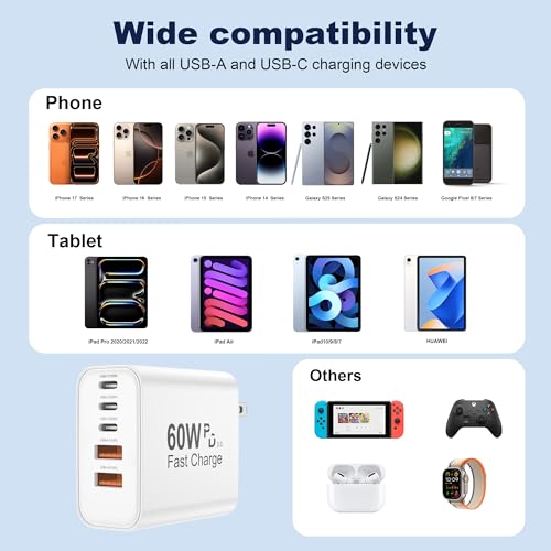 60W USB C Charger Block, Versatile iPhone Charger, White (1 Pack) - color: White