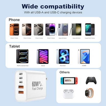 60W USB C Charger Block, Versatile iPhone Charger, White (1 Pack) - color: White