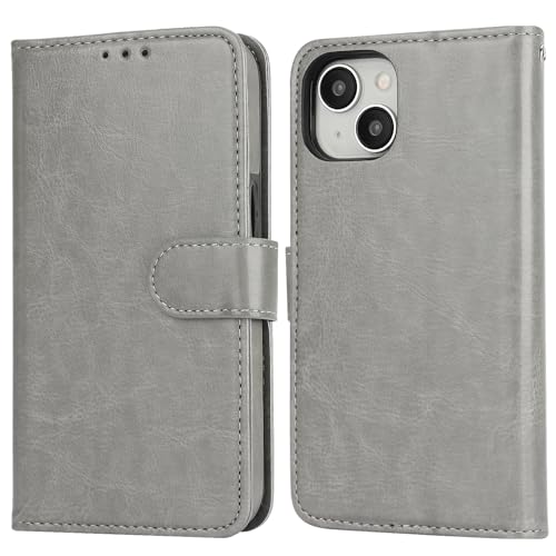 Bocasal Detachable Wallet Case Card Holder for iPhone 15, Grey | RFID Blocking Kickstand Card Slots Holder PU Leather Magnetic Shockproof Wrist Strap Removable Flip Protective Cover 6.1 inch - color: Gray