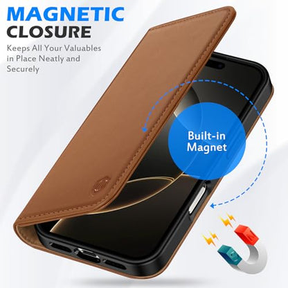 SHIELDON Real Leather Case Wallet for iPhone 16 Pro Max 6.9", Saddle Brown | Flip Magnetic Cover, RFID Blocking, Credit Card Slot, Kickstand, Book Design, Soft Shockproof Phone Shell - color: Saddle Brown