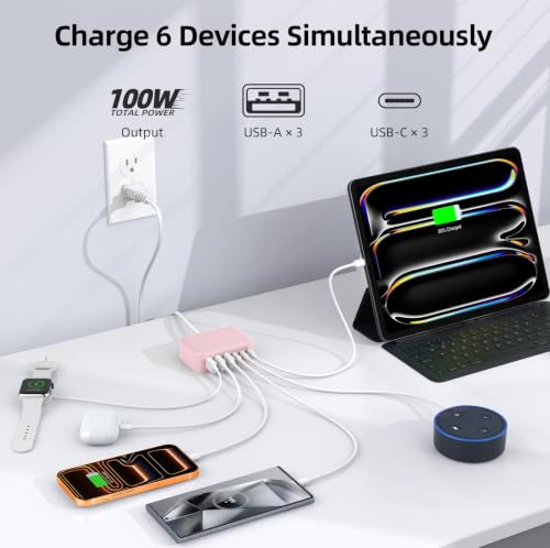 100W 6 in 1 USB Charger, 50% Smaller Charging Station for Multiple Devices - color: Pink
