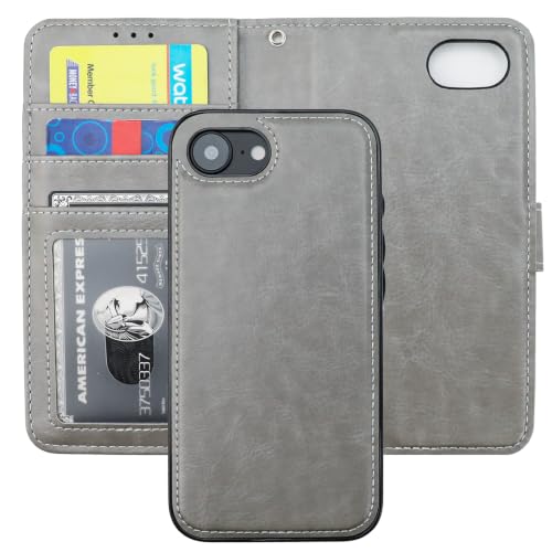Bocasal Detachable Wallet Case Card Holder for iPhone 17e/16e, Grey | RFID Blocking Kickstand Card Slots Holder PU Leather Magnetic Shockproof Wrist Strap Removable Flip Protective Cover 6.1 inch - color: Gray