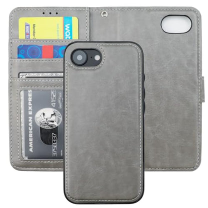 Bocasal Detachable Wallet Case Card Holder for iPhone 17e/16e, Grey | RFID Blocking Kickstand Card Slots Holder PU Leather Magnetic Shockproof Wrist Strap Removable Flip Protective Cover 6.1 inch - color: Gray