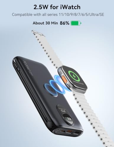 Portable Charger 10000mAh 20W, Wall Plug, 2 Cables, iWatch Charging - color: Cosmic Black