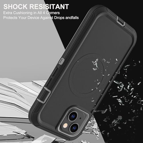 YKHJKLEC for iPhone 13/iPhone 14 Case, Compatible with Magsafe, 3 in 1 Heavy Duty Shockproof/Drop Proof/Dust Proof Case with 2Pcs Tempered Glass Screen Protector (New-Black/Grey) - color: New-Black/Grey