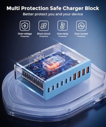 USB C Charging Station 10 Port with 4 Cables,245W GaN Charger Block - color: Blue