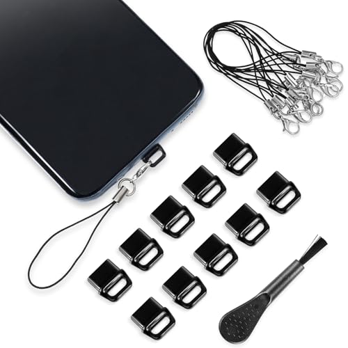 10pcs Dust Plug Cover, USB C Type C Dust Cover Anti Dust Plug Charging Port Protector Cap with Easy-Grip Tab Lanyard and Cleaning Brush Compatible with Most Mobile Phone Devices