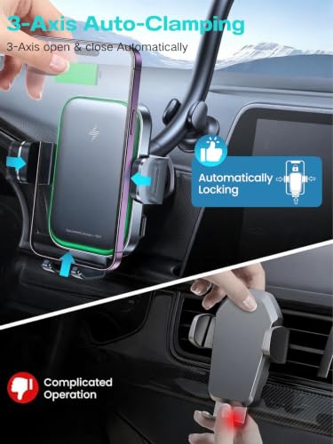 APPS2Car 15W Wireless Car Charger Phone Holder, Dual Coil, Auto Clamping - color: Grey+Wireless Charging