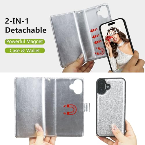 Varikke for iPhone 16 Glitter Case Wallet Magnetic Detachable, Silver - color: (Standard) Silver, size: iPhone 16 6.1"