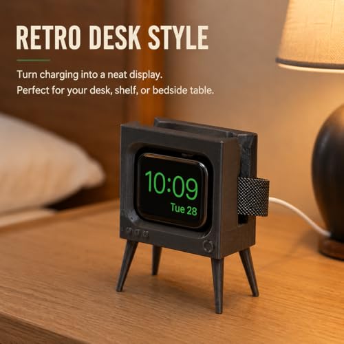 SplashNColor Charging Stand Compatible with Apple Watch Series 5 44mm – Retro TV Dock | Cable Management Holder | Nightstand Desk Cradle for Smartwatch Charging