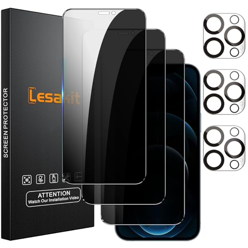 Lesakit 3+3 Pack Privacy Screen Protector for iPhone 12 Pro Max 6.7-Inch with 3 Pack Camera Lens Protector, Anti Spy Tempered Glass Film 9H Hardness Bubble Free Case Friendly - size: iPhone 12 Pro Max